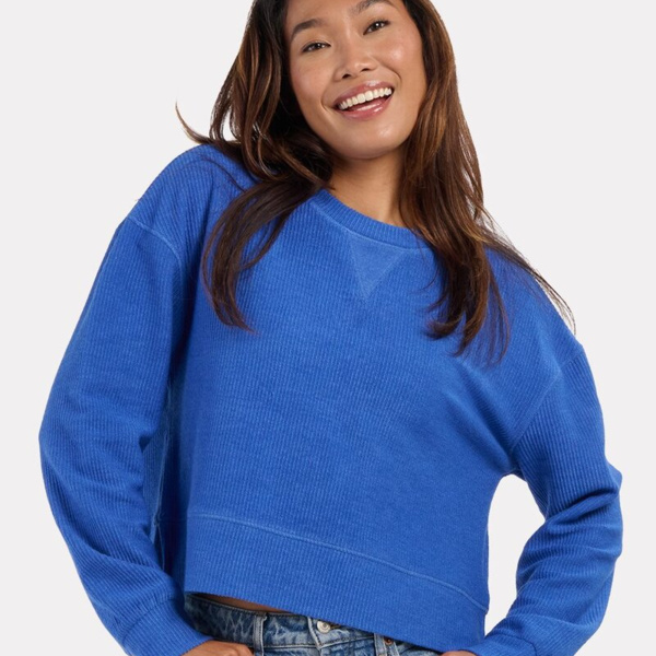 Women's Rib Knit Corded Boxy Crewneck Sweatshirt Thumbnail