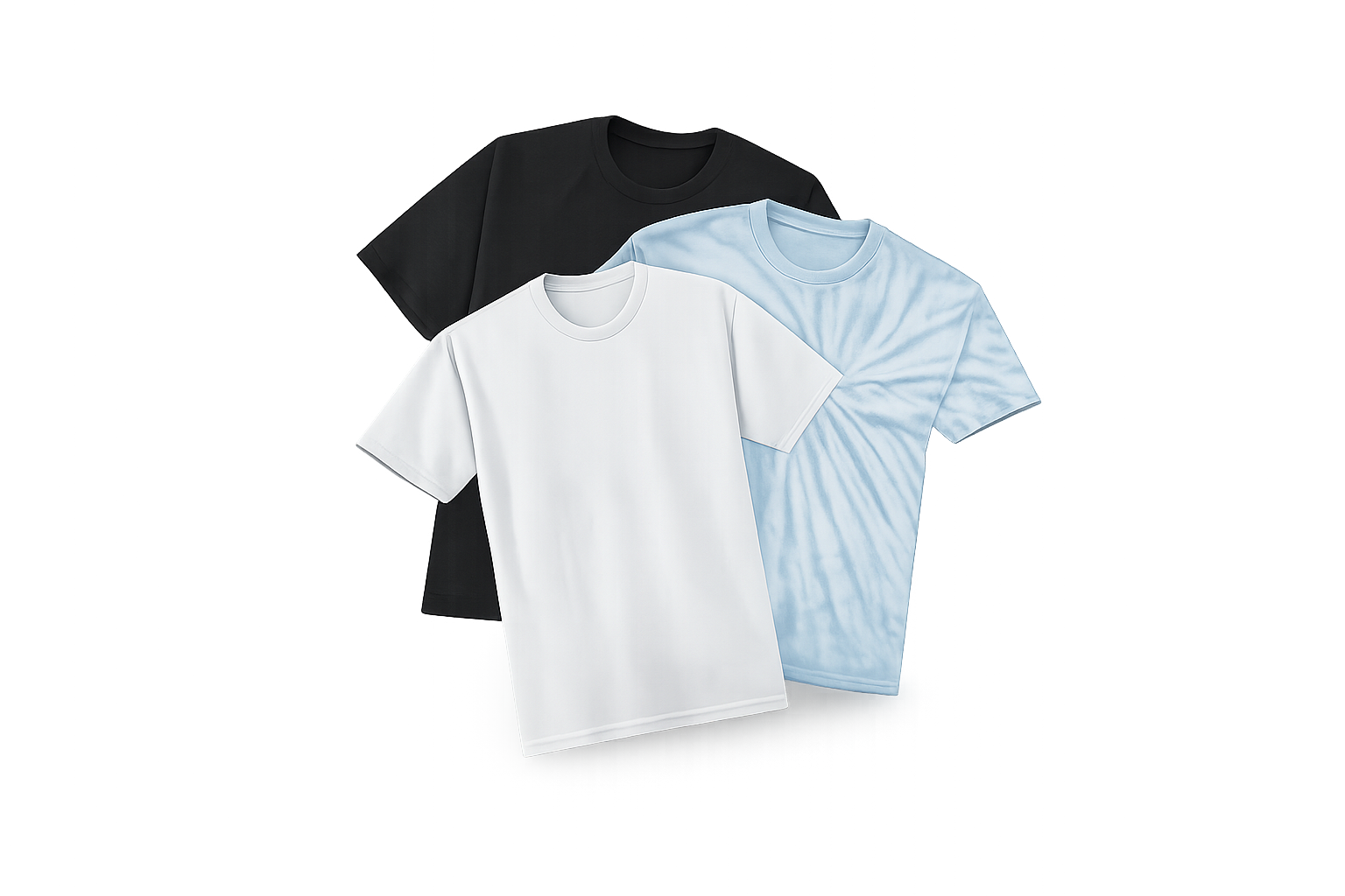 Short-sleeve T-shirts in white, black, and light blue