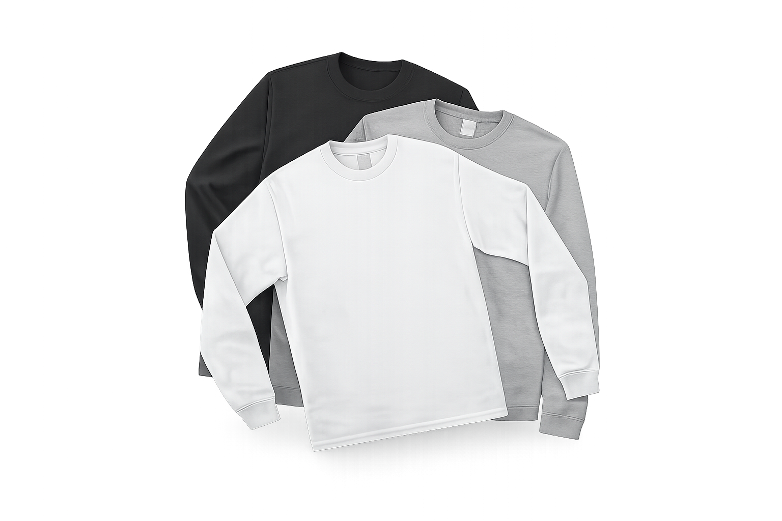 Long-sleeve shirts in white, gray, and black