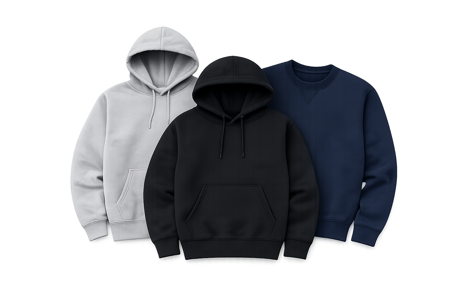 Hoodies and crewneck sweatshirts in gray, black, and navy