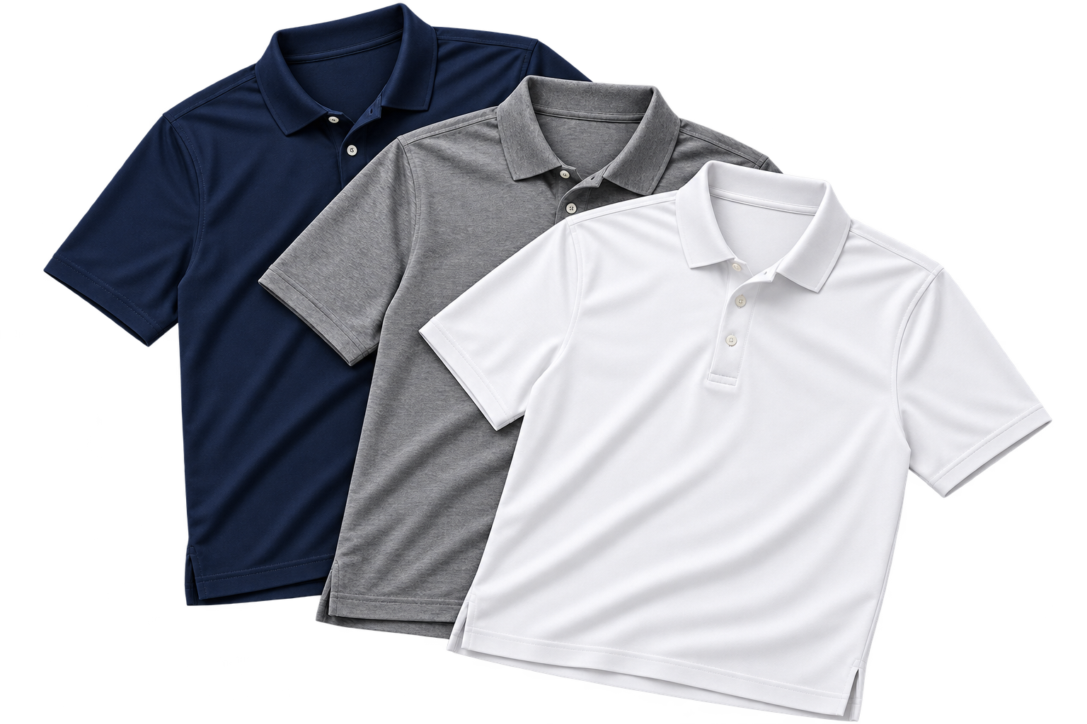 Polo shirts in navy, gray, and white