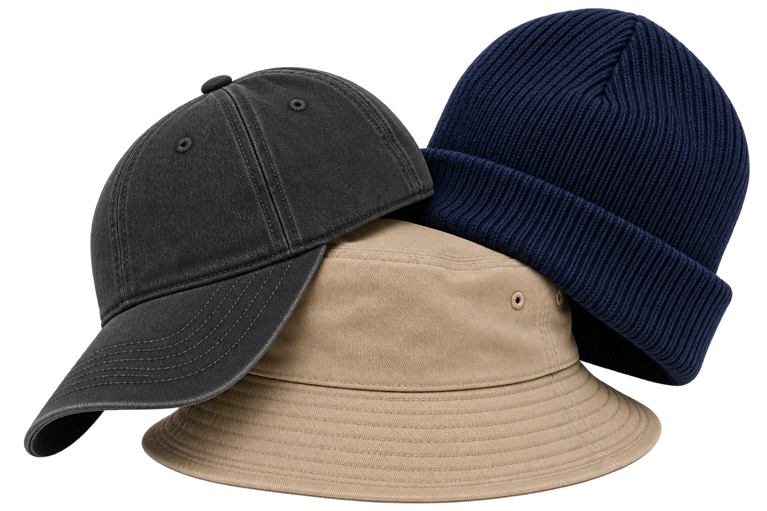 Baseball cap, bucket hat, and knit beanie