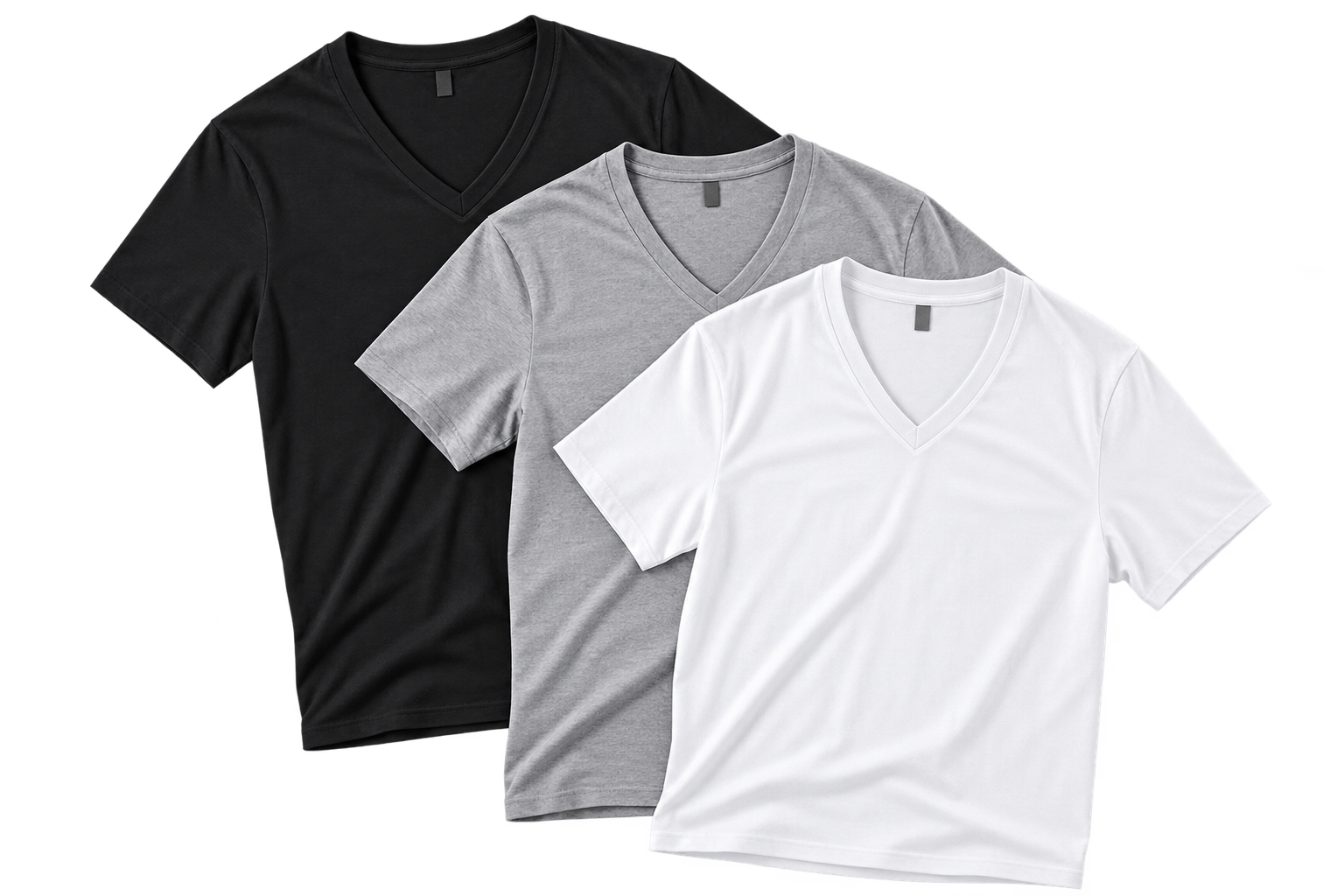 V-neck shirts in black, gray, and white